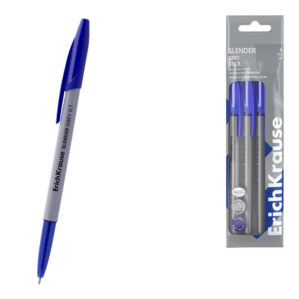 Набор из 4 ручек шариковых ErichKrause Slender® Stick Grey 0.7, Super Glide Technology, цвет чернил синий (в пакете)