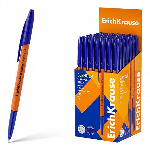 Ручка шариковая ErichKrause Slender Stick Orange 0.7, Super Glide Technology, цвет чернил синий (в коробке по 50 шт.)