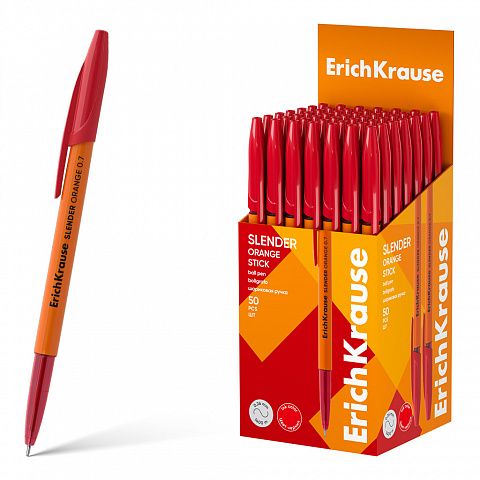 Ручка шариковая ErichKrause Slender Stick Orange 0.7, Super Glide Technology, цвет чернил красный (в коробке по 50 шт.)