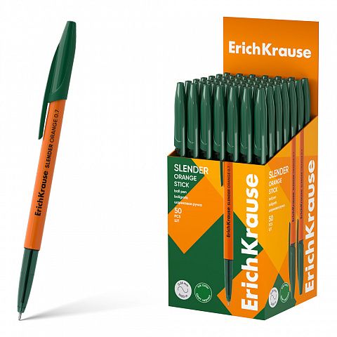 Ручка шариковая ErichKrause Slender Stick Orange 0.7, Super Glide Technology, цвет чернил зеленый (в коробке по 50 шт.)