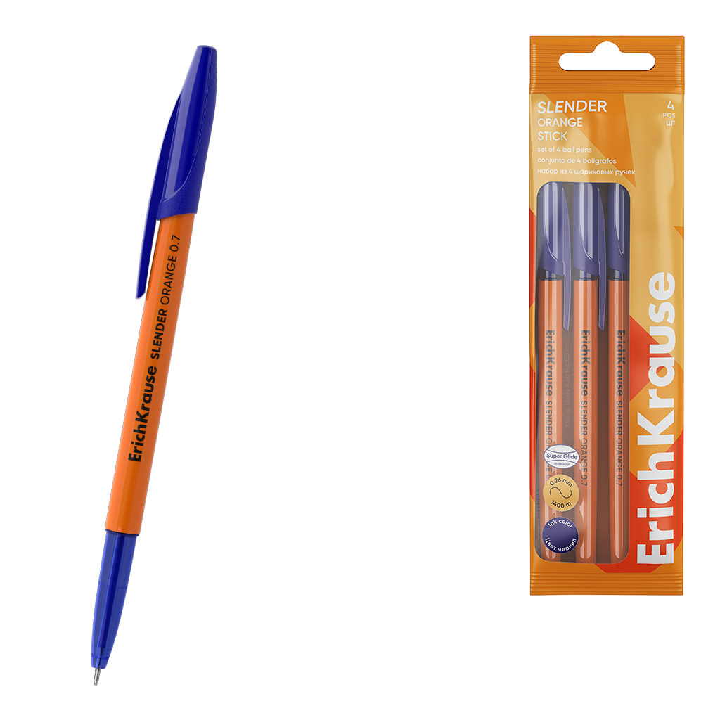 Набор из 4 ручек шариковых ErichKrause Slender® Stick Orange 0.7, Super Glide Technology, цвет чернил синий (в пакете)