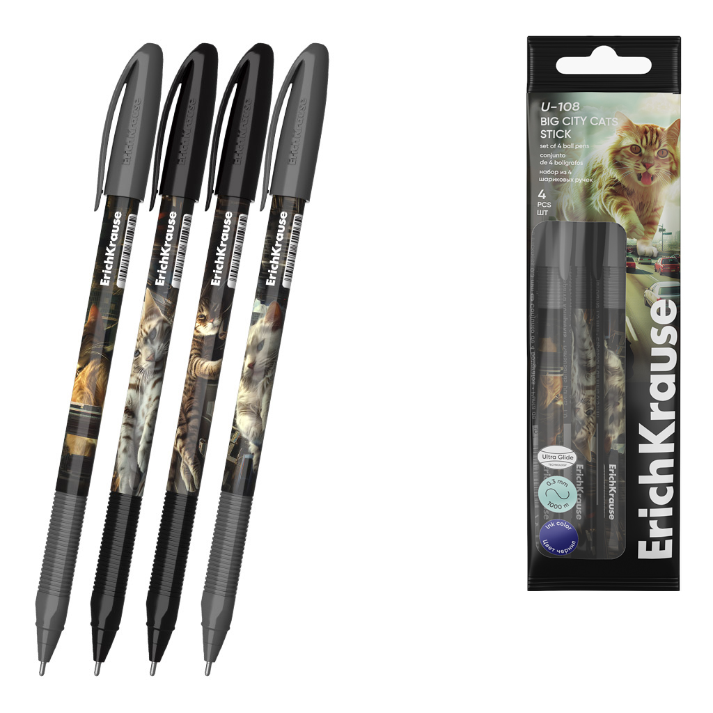 Набор из 4 ручек шариковых ErichKrause U-108 Stick Big City Cats 1.0, Ultra Glide Technology, цвет чернил синий (в пакете)