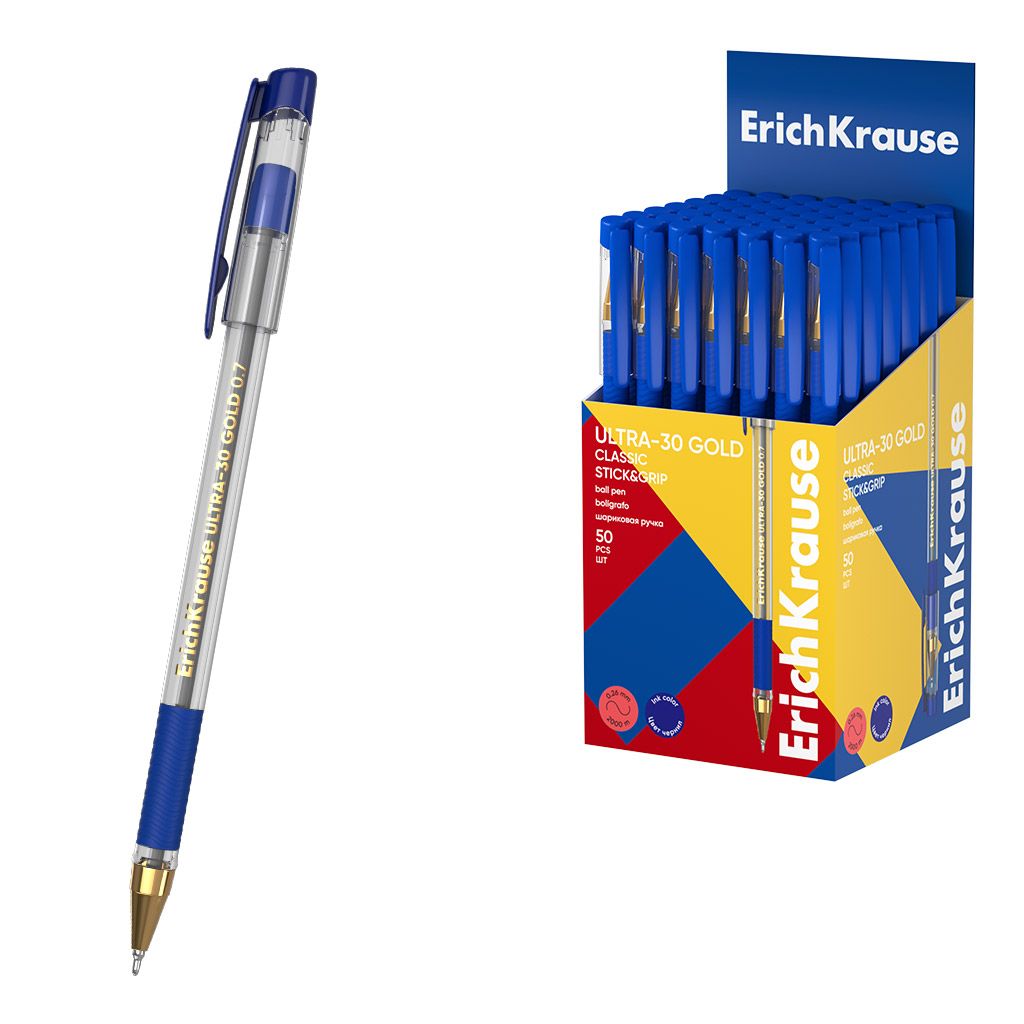 Ручка шар. ЕК ULTRA -30 Gold Stick&Grip Classic, синяя, 0,7мм, игольч.након, пласт.корп.