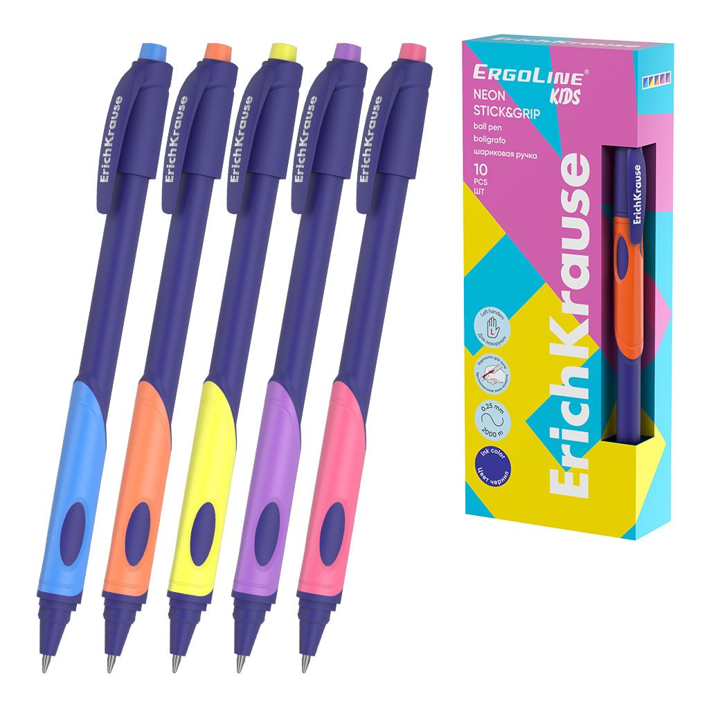 Ручка шариковая ErichKrause ErgoLine® Kids для левшей 0.5мм Stick&Grip Neon, синий