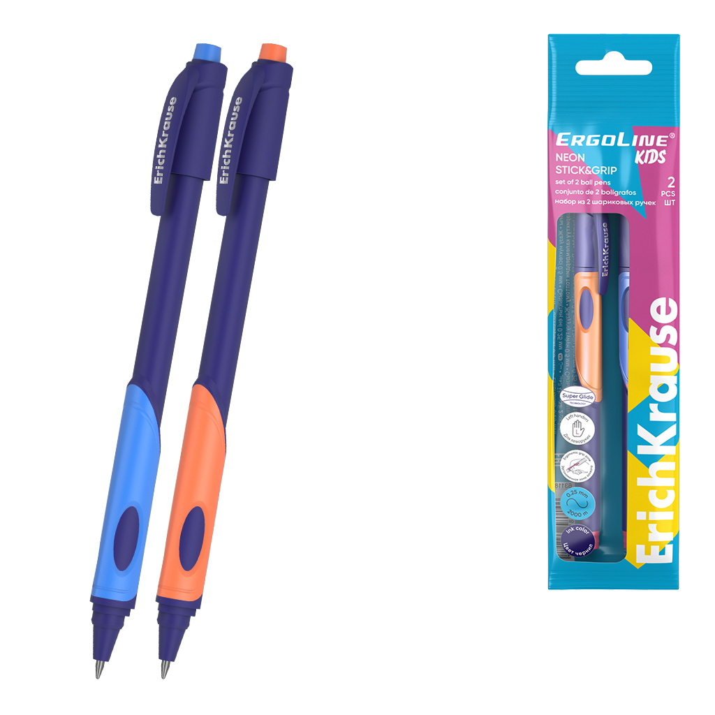 Набор из 2 ручек шариковых ErichKrause ErgoLine® Kids для левшей Stick&Grip Neon 0.5, Super Glide Technology, цвет чернил синий (в пакете)