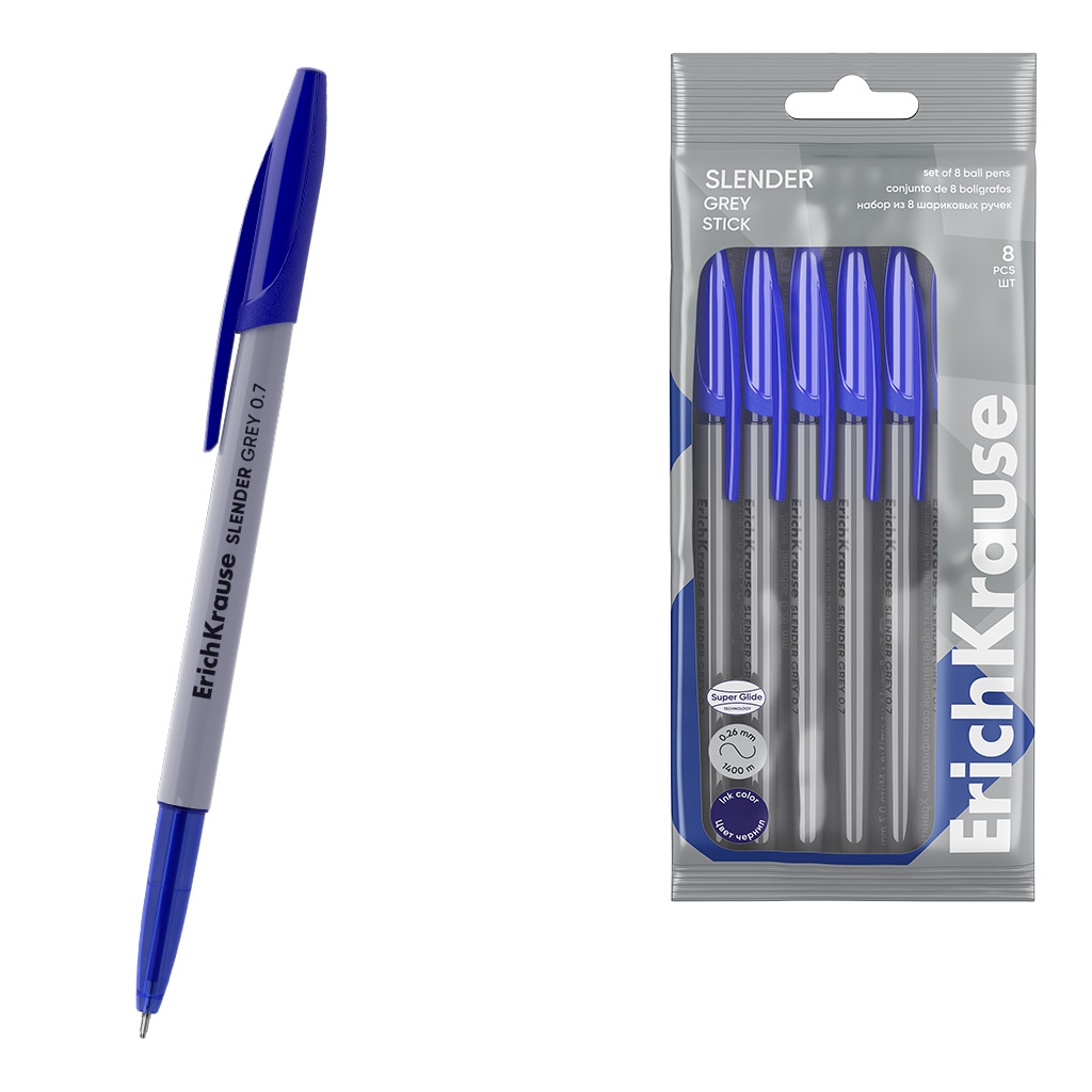 Набор из 8 ручек шариковых ErichKrause Slender® Stick Grey 0.7, Super Glide Technology, цвет чернил синий (в пакете)