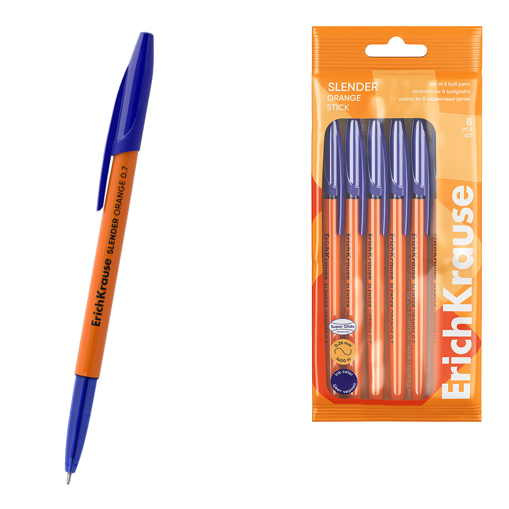 Набор из 8 ручек шариковых ErichKrause Slender® Stick Orange 0.7, Super Glide Technology, цвет чернил синий (в пакете)