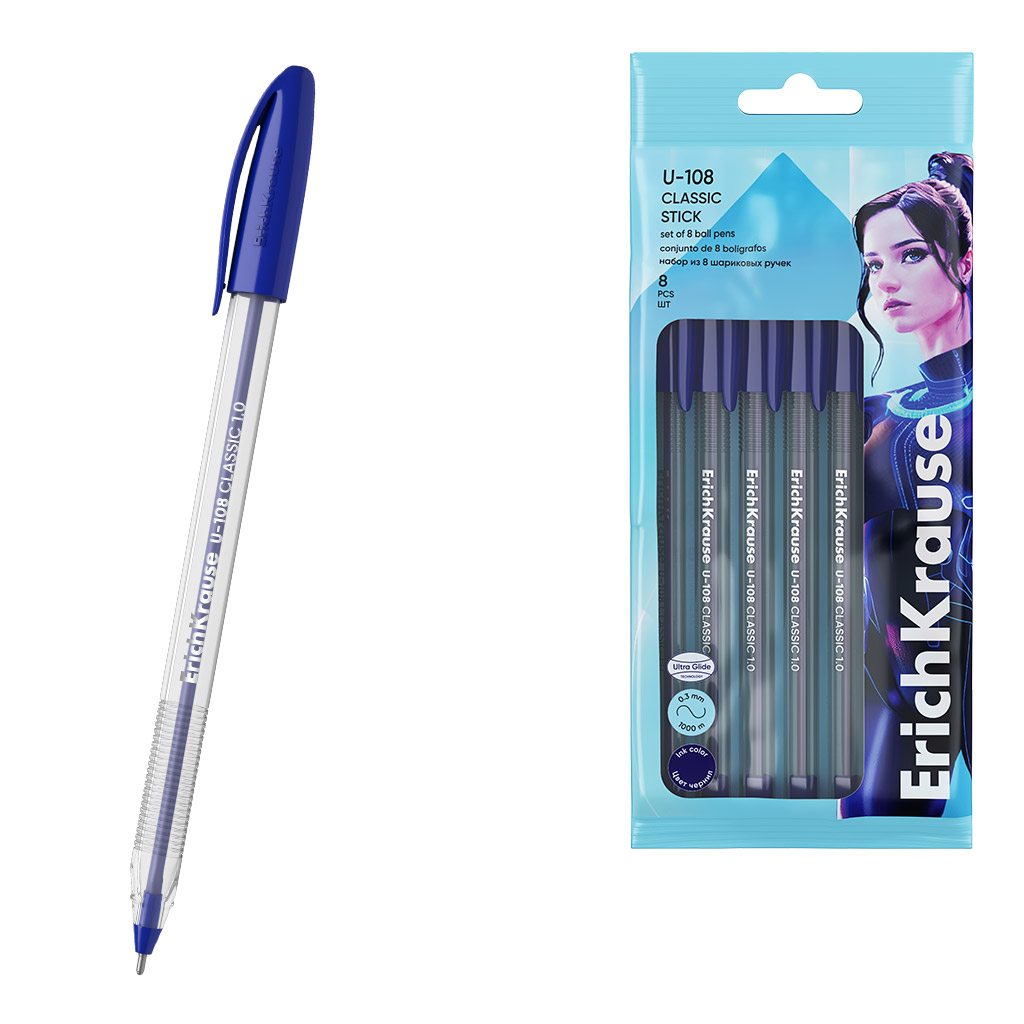 Набор из 8 ручек шариковых ErichKrause U-108 Stick Classic 1.0, Ultra Glide Technology, цвет чернил синий (в пакете)