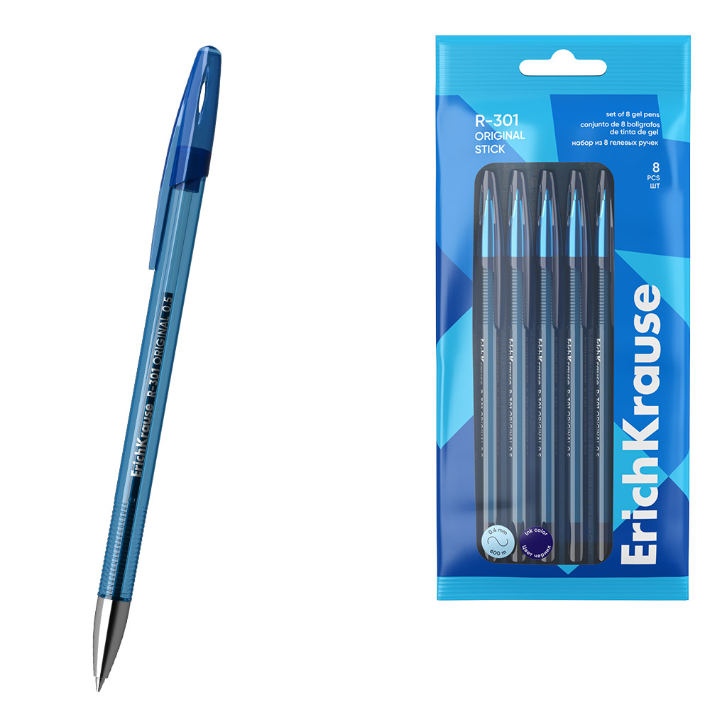 Набор из 8 ручек гелевых ErichKrause R-301 Gel Stick Original 0.5, цвет чернил синий (в пакете)