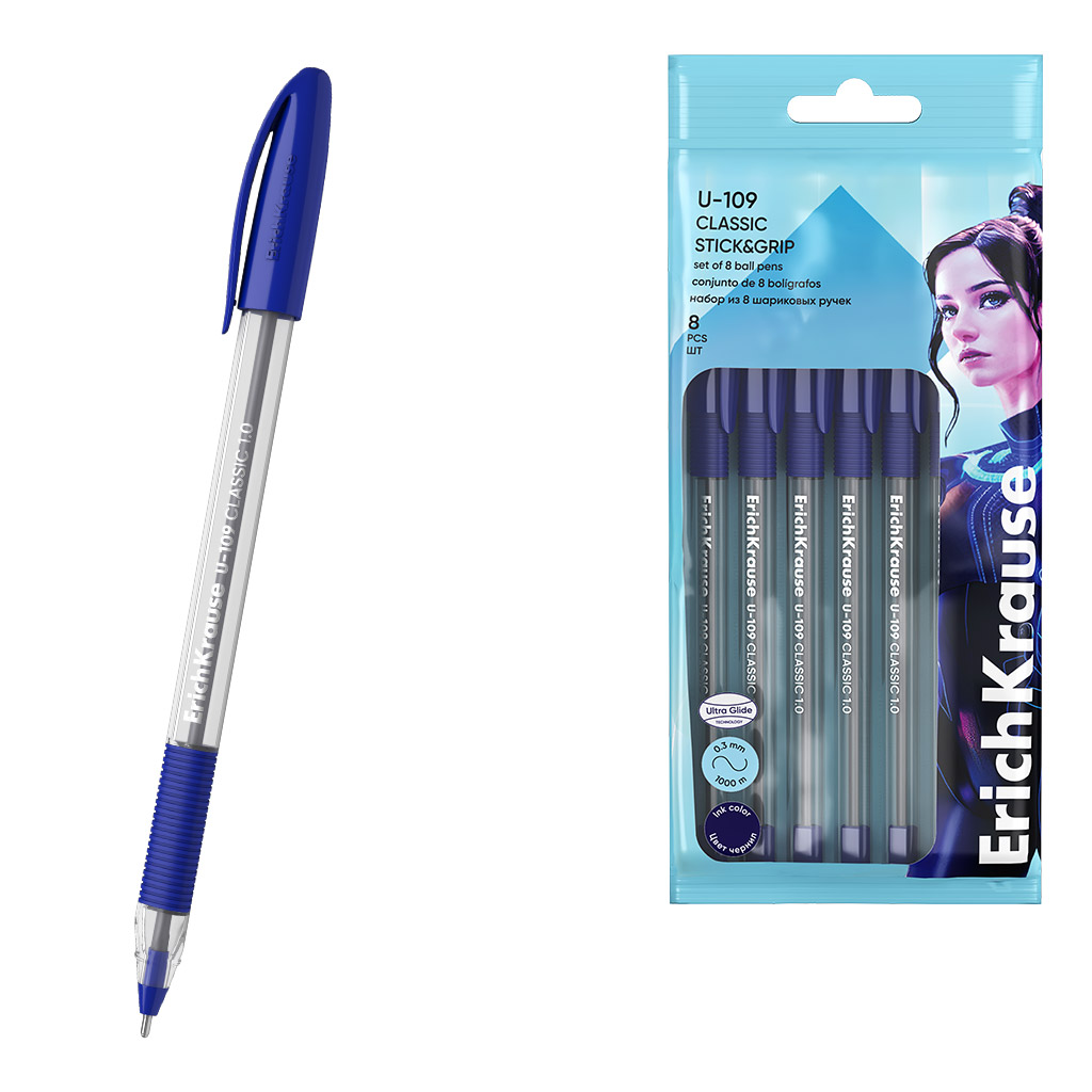 Набор из 8 ручек шариковых ErichKrause U-109 Stick&Grip Classic 1.0, Ultra Glide Technology, цвет чернил синий (в пакете)