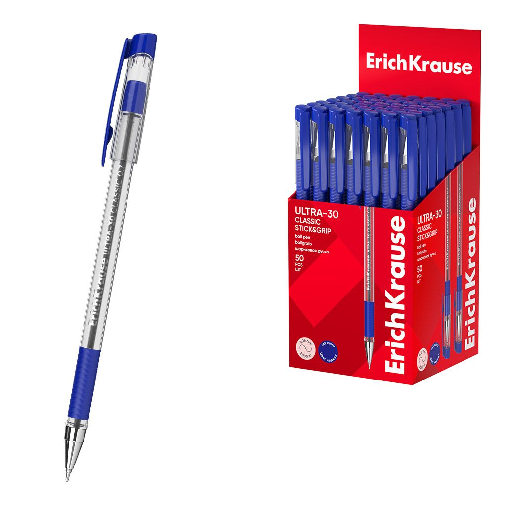 Ручка шар. ЕК ULTRA -30 Stick&Grip Classic, синяя, 0,7мм, игольч.након, пласт.корп.