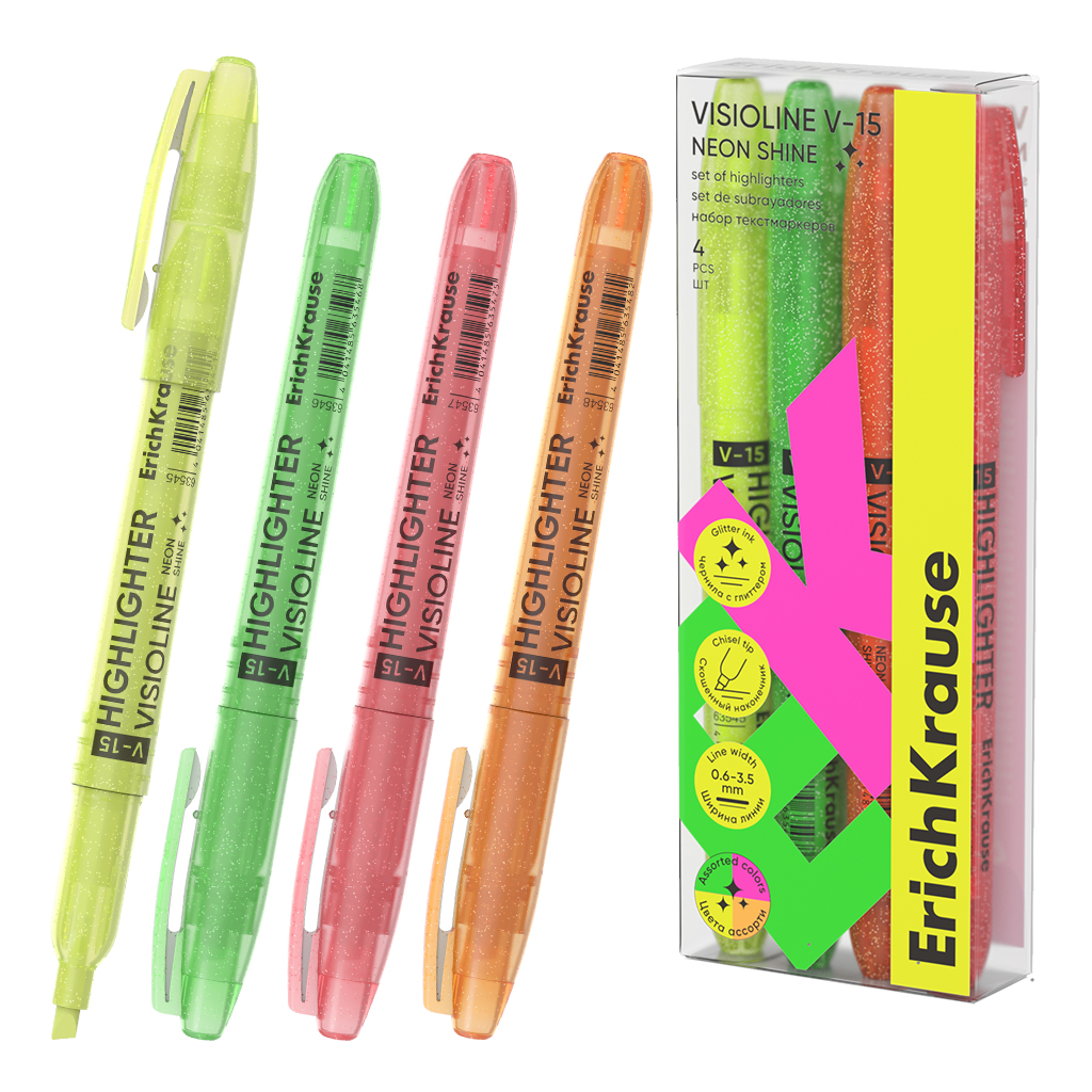Набор из 4 текстмаркеров ErichKrause Visioline V-15 Neon Shine, цвет чернил ассорти (в пэт-боксе)