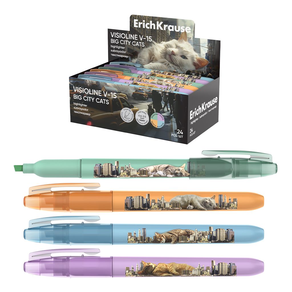 Набор из 4 текстмаркеров ErichKrause Visioline V-15 Big City Cats, цвет чернил ассорти (в пэт-боксе)