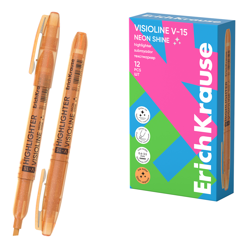 Текстмаркер ErichKrause Visioline V-15 Neon Shine, цвет чернил оранжевый (в коробке по 12 шт.)