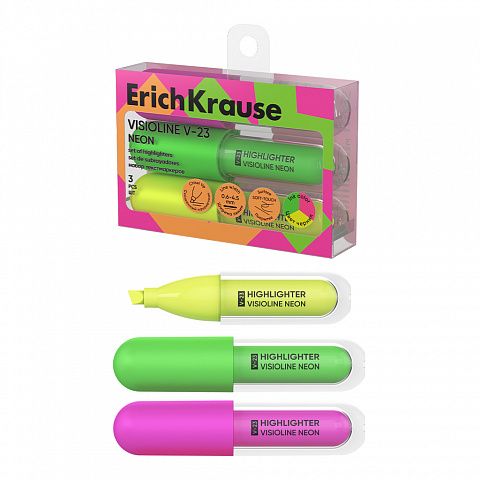 Набор из 3 текстмаркеров ErichKrause Visioline V-23 Neon, цвет чернил ассорти (в пэт-боксе)
