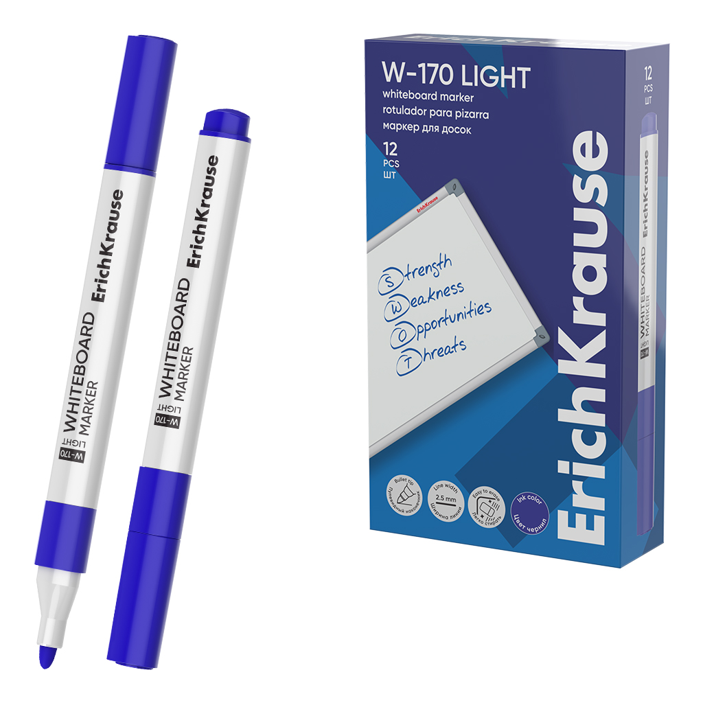 Маркер для досок ErichKrause W-170 Light, цвет чернил синий (в коробке по 12 шт.)
