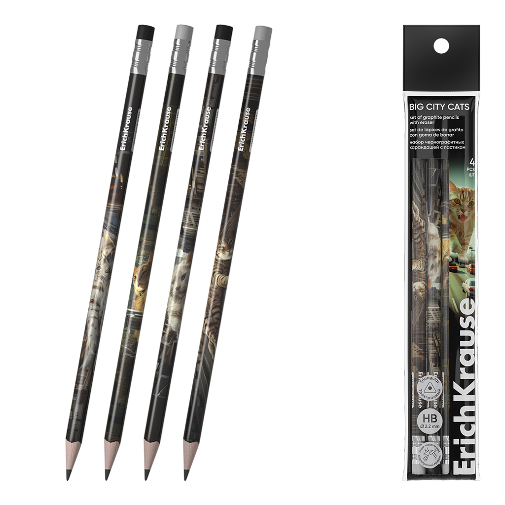 Набор из 4 чернографитных карандашей ErichKrause Big City Cats, трехгранных, с ластиком, НВ (в пакете)