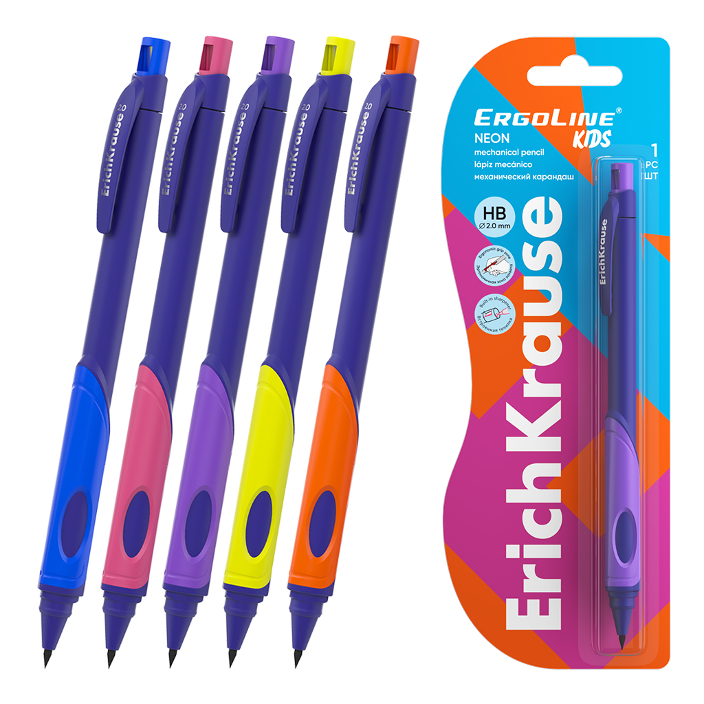 Карандаш механический ErichKrause ErgoLine® Kids Neon 2.0 мм, с точилкой, НВ (в блистере 1 шт.)