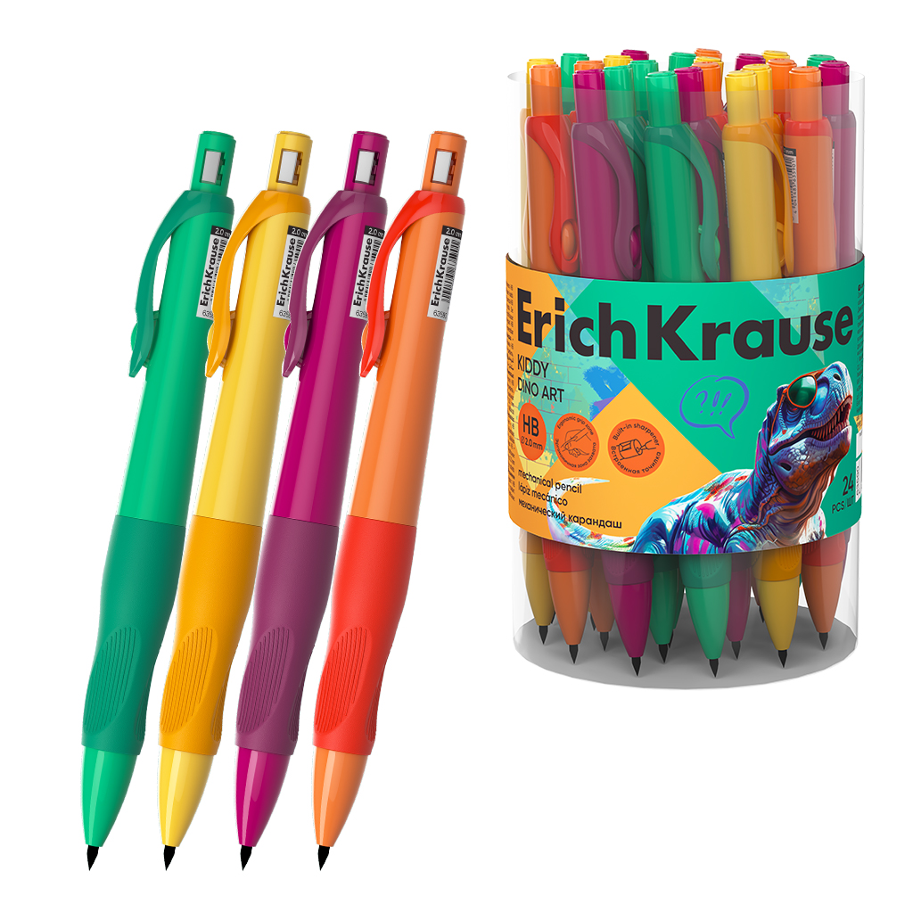 Карандаш механический ErichKrause Kiddy Dino Art 2.0 мм, НВ (в тубусе по 24 шт.)