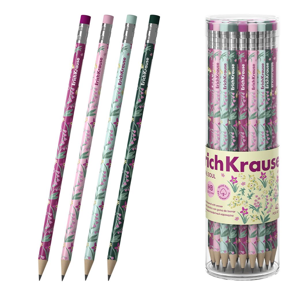 Чернографитный карандаш пластиковый ErichKrause Floral Soul, круглый, с ластиком, НВ (в тубусе по 42