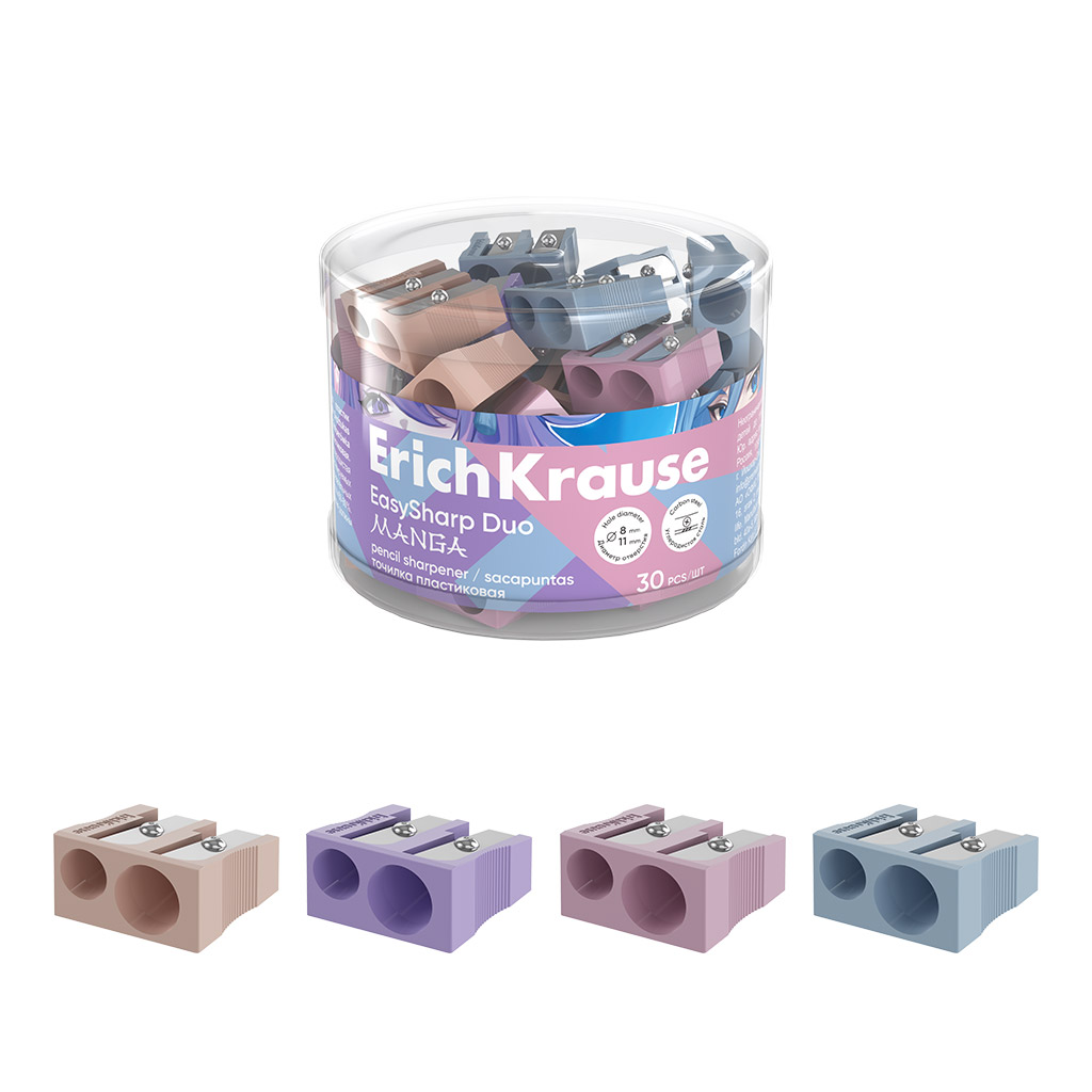 Точилка пластиковая ErichKrause EasySharp Duo, Manga, ассорти (в тубусе по 30 шт)