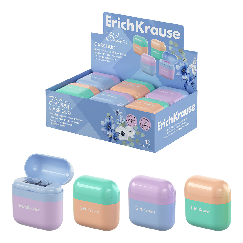 Точилка пластиковая ErichKrause Case Duo, Pastel Bloom, с контейнером, ассорти (в коробке-дисплее по 12 шт)