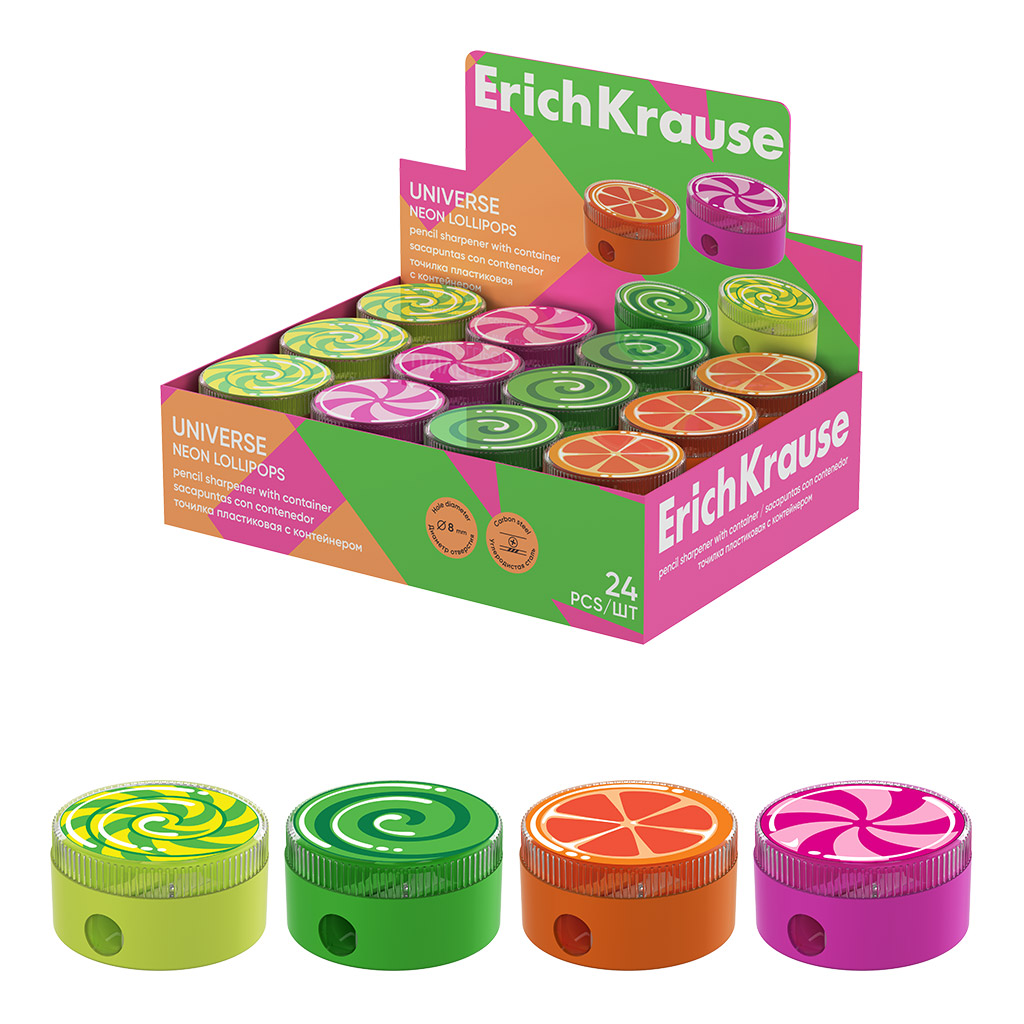Точилка пластиковая ErichKrause Universe, Neon Lollipops, с контейнером, ассорти (в коробке-дисплее по 24 шт)
