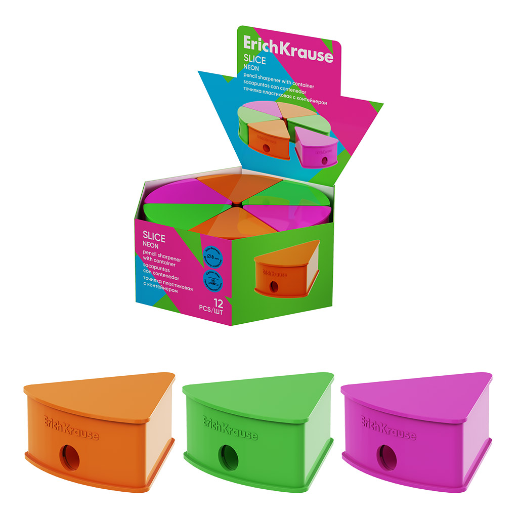 Точилка пластиковая ErichKrause Slice, Neon, с контейнером, ассорти (в коробке-дисплее по 12 шт)