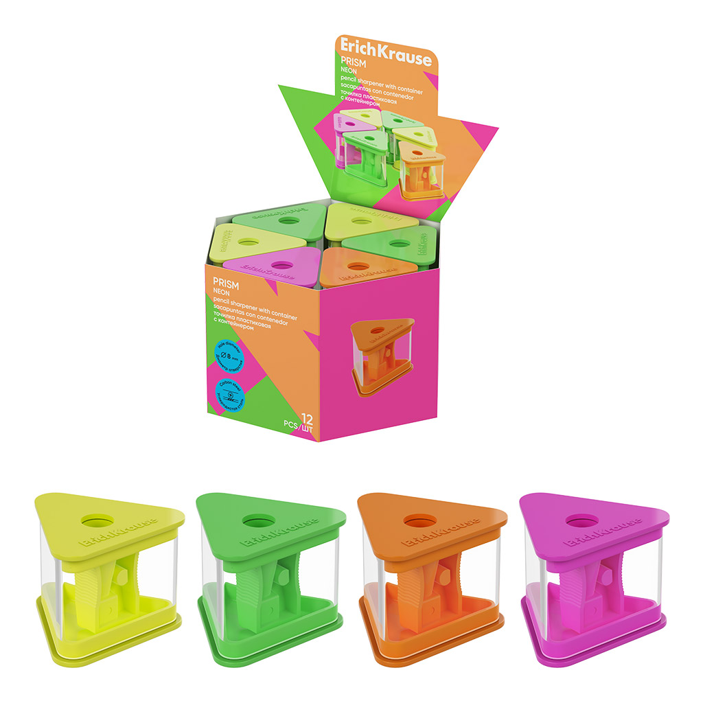 Точилка пластиковая ErichKrause Prism, Neon, с контейнером, ассорти (в коробке-дисплее по 12 шт)