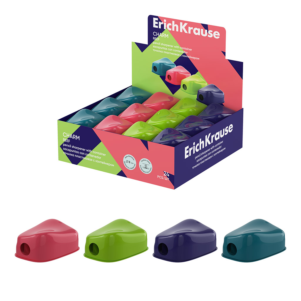 Точилка пластиковая ErichKrause Charm, Reef, с контейнером, ассорти (в коробке-дисплее по 24 шт)