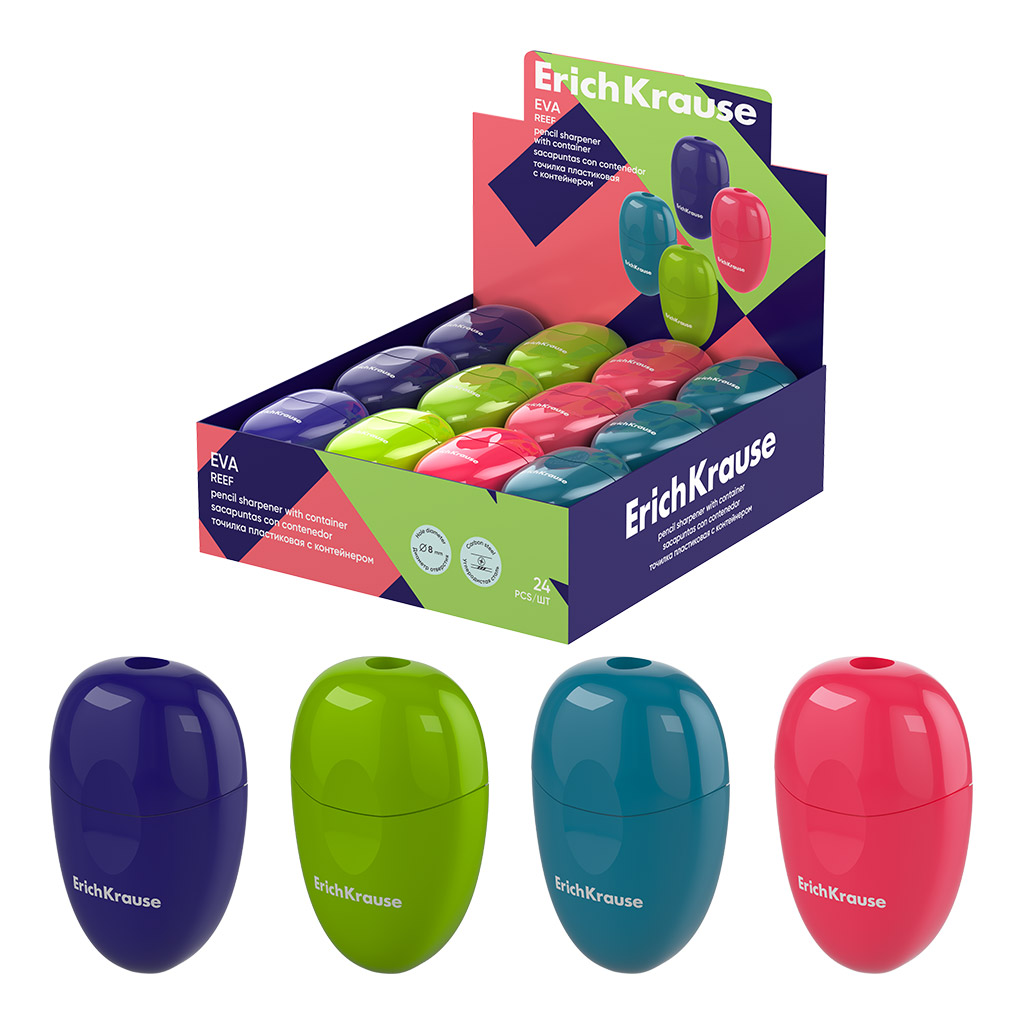 Точилка пластиковая ErichKrause Eva, Reef, с контейнером, ассорти (в коробке-дисплее по 24 шт)