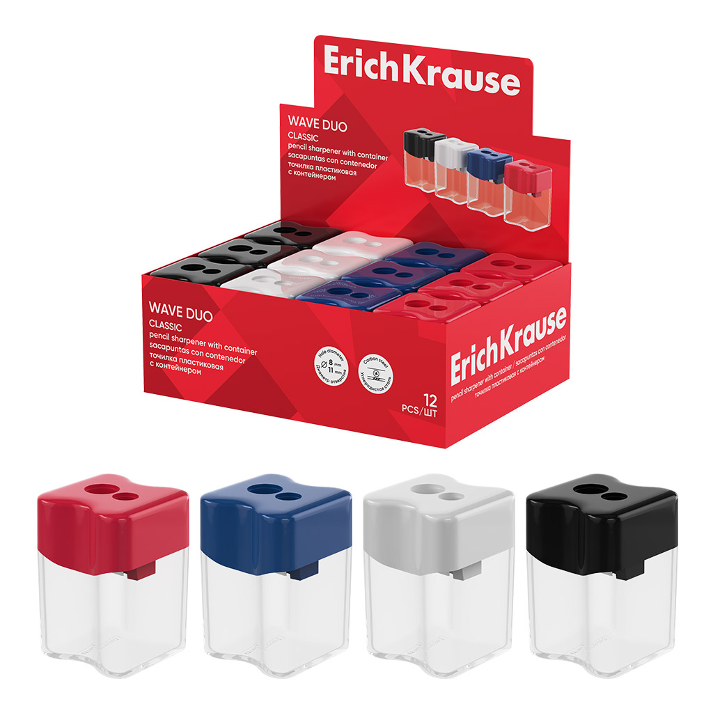 Точилка пластиковая ErichKrause Wave Duo, Classic, с контейнером, ассорти (в коробке-дисплее по 12 шт)