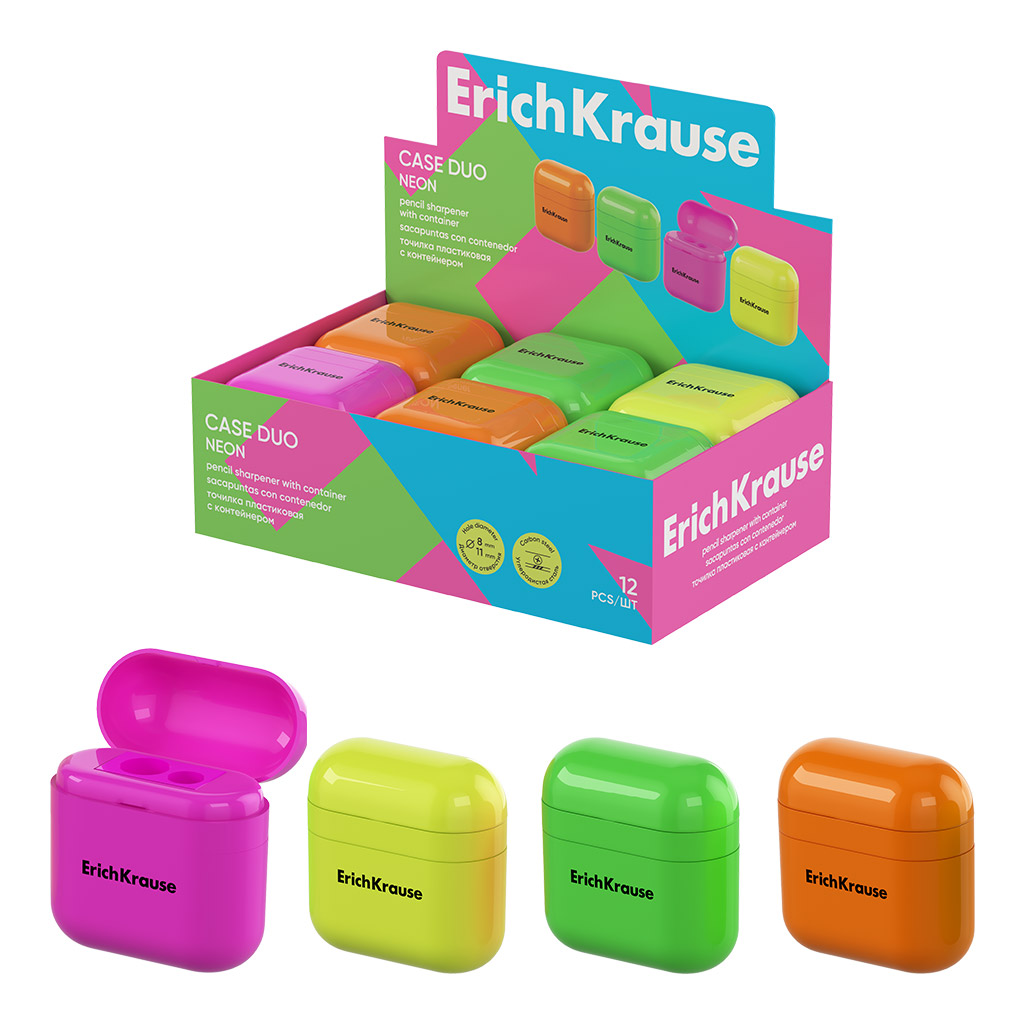 Точилка пластиковая ErichKrause Case Duo, Neon, с контейнером, ассорти (в коробке-дисплее по 12 шт)