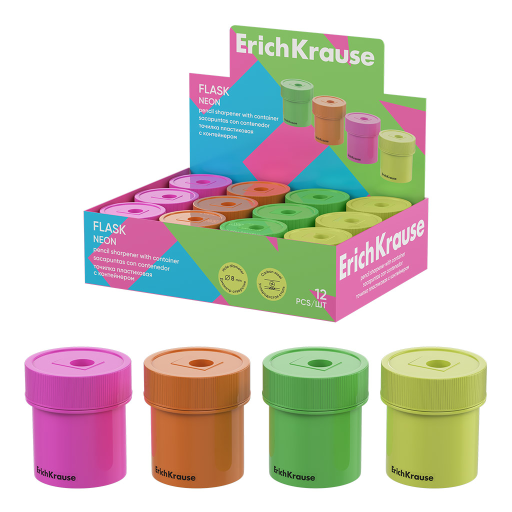 Точилка пластиковая ErichKrause Flask, Neon, с контейнером, ассорти (в коробке-дисплее по 12 шт)