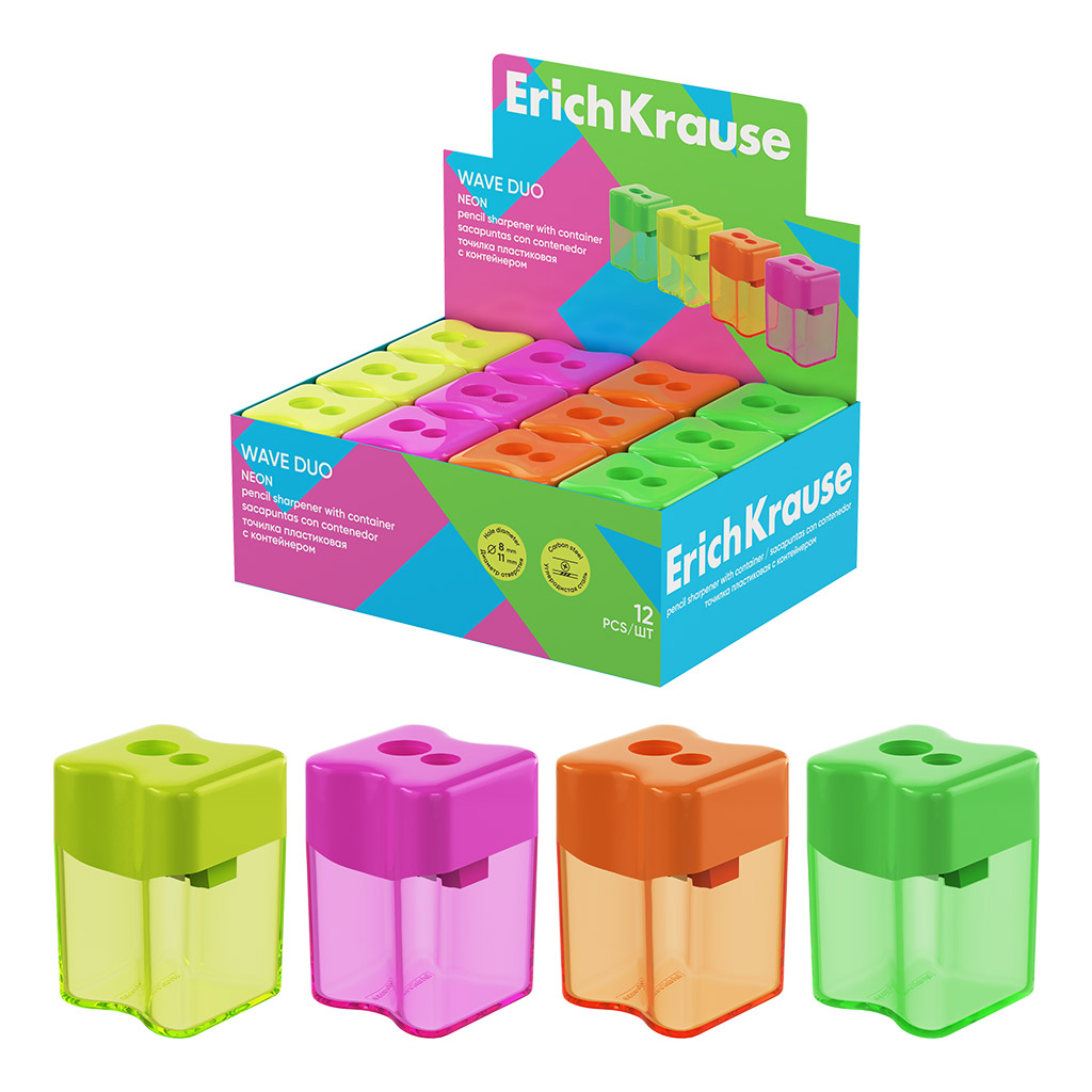Точилка пластиковая ErichKrause Wave Duo, Neon, с контейнером, ассорти (в коробке-дисплее по 12 шт)