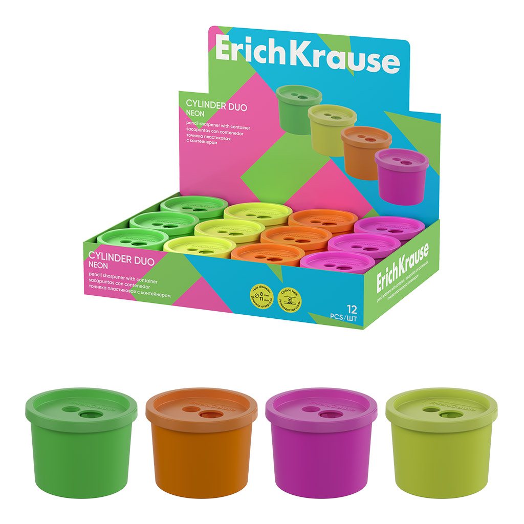 Точилка пластиковая ErichKrause Cylinder Duo, Neon, с контейнером, ассорти (в коробке-дисплее по 12 шт)