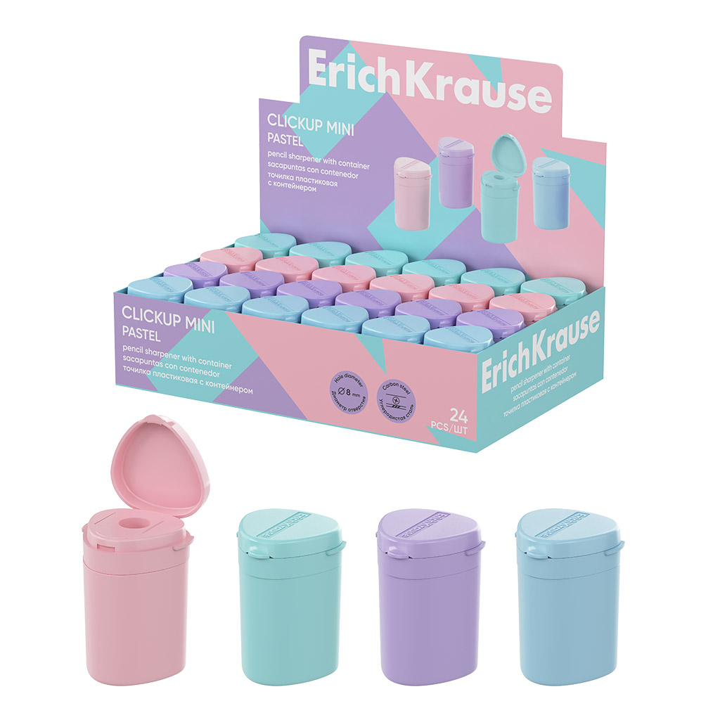 Точилка пластиковая ErichKrause ClickUp Mini, Pastel, с контейнером, ассорти (в коробке-дисплее по 24 шт)