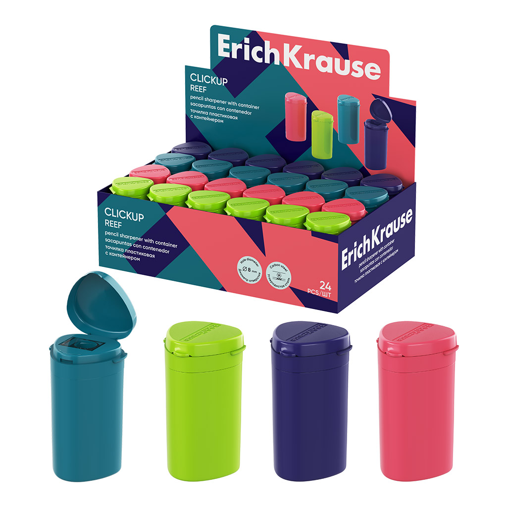 Точилка пластиковая ErichKrause ClickUp, Reef, с контейнером, ассорти (в коробке-дисплее по 24 шт)