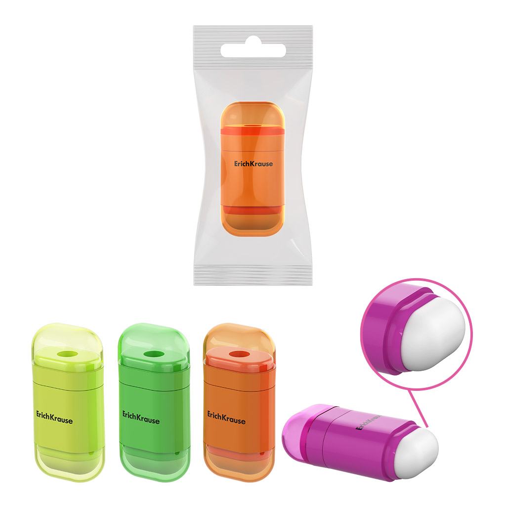 Точилка пластиковая ErichKrause JOY®, Neon, с контейнером и ластиком, ассорти (во флоупаке)