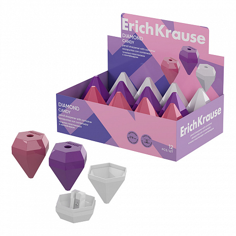 Точилка пластиковая ErichKrause Diamond, Candy, с контейнером, ассорти (в коробке-дисплее по 12 шт)