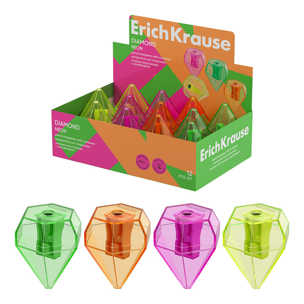 Точилка пластиковая ErichKrause Diamond, Neon, с контейнером, ассорти (в коробке-дисплее по 12 шт)