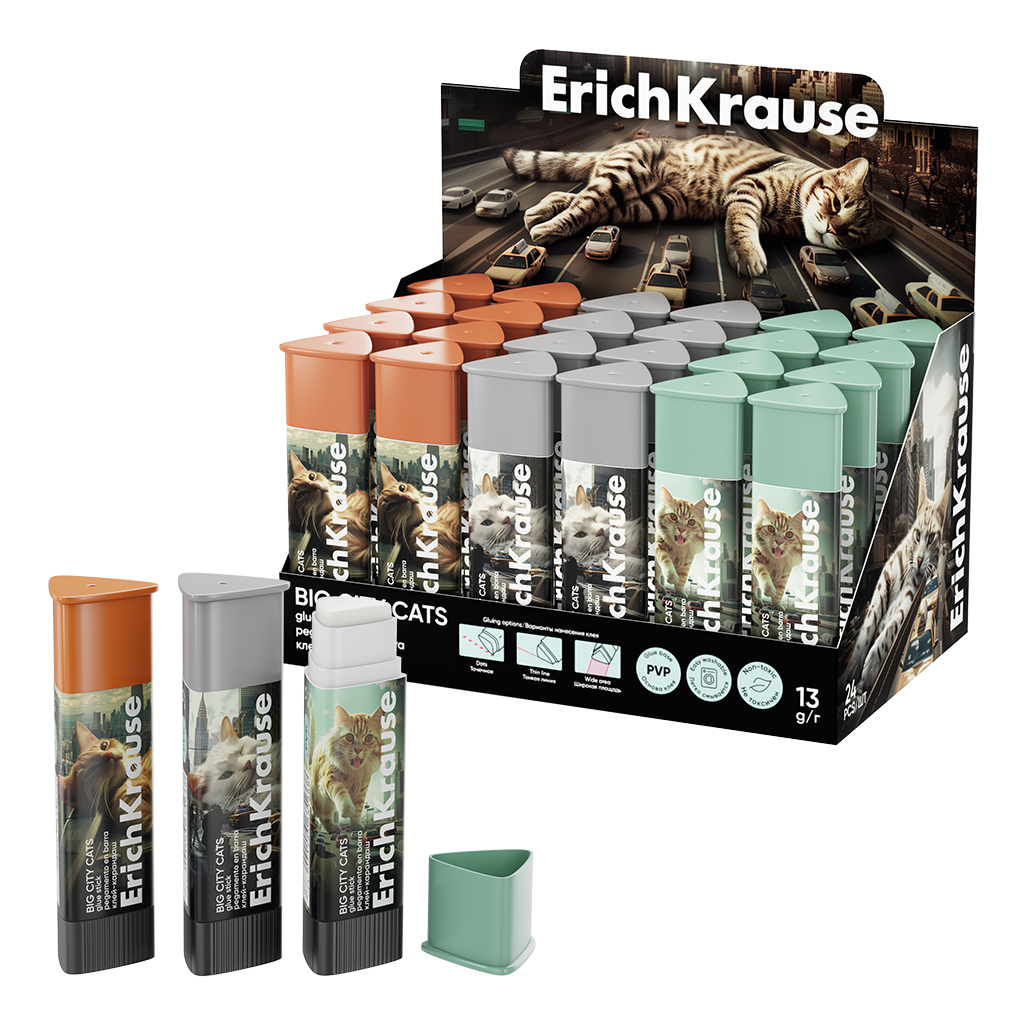 Клей-карандаш ErichKrause Prism Big City Cats, 13г, ассорти (в коробке-дисплее по 24 шт.)
