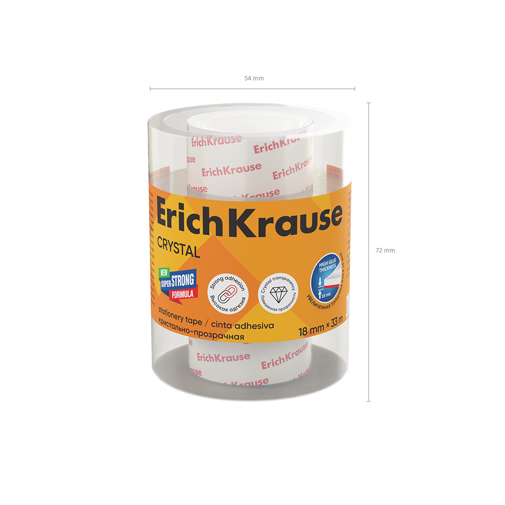 Набор из 4 клейких лент ErichKrause Crystal, повышенной прозрачности, 18ммх33м (в пленке)
