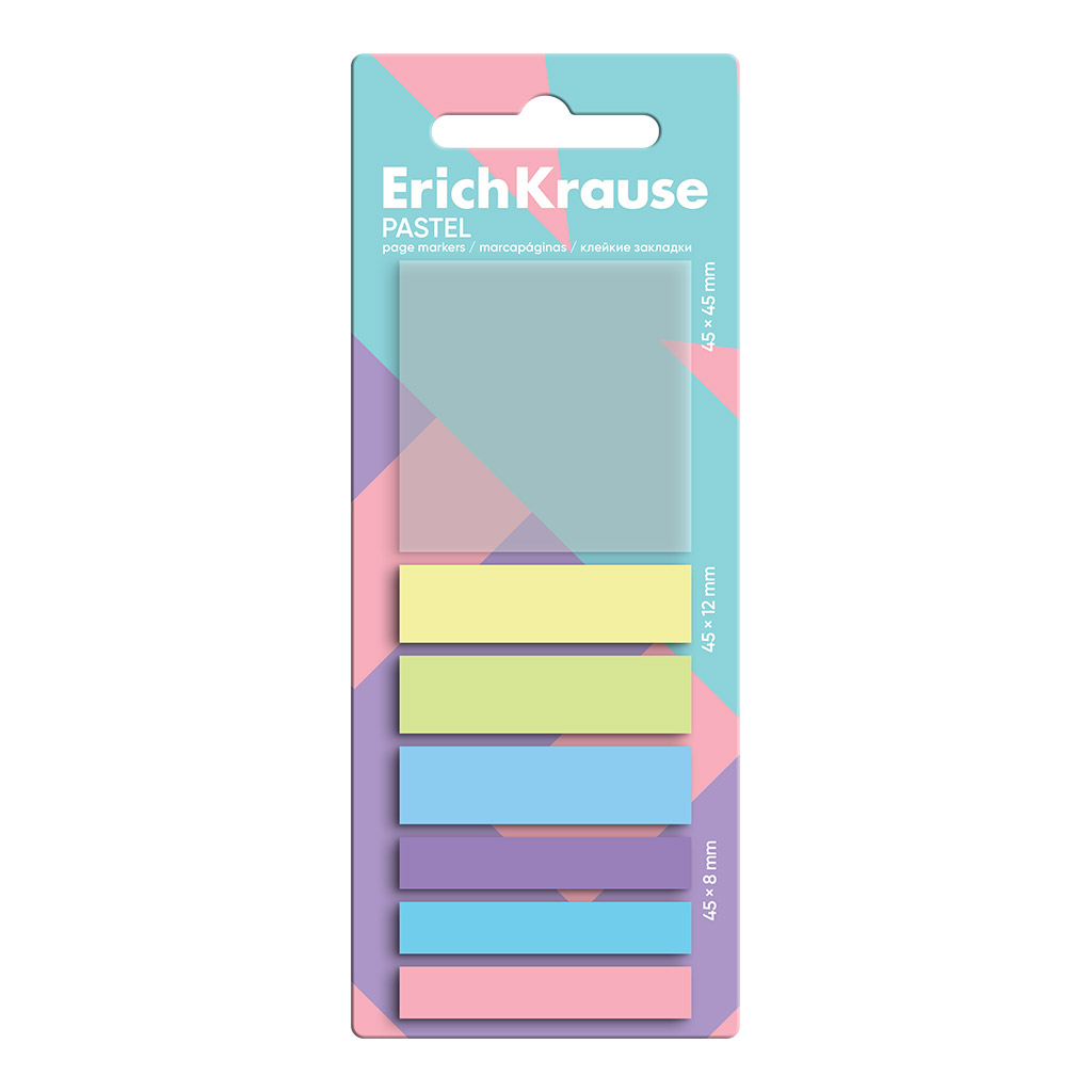 Клейкие закладки пластиковые ErichKrause Пастель, 45x45 мм, 45x12 мм, 45x8 мм, 140 листов, 7 цветов