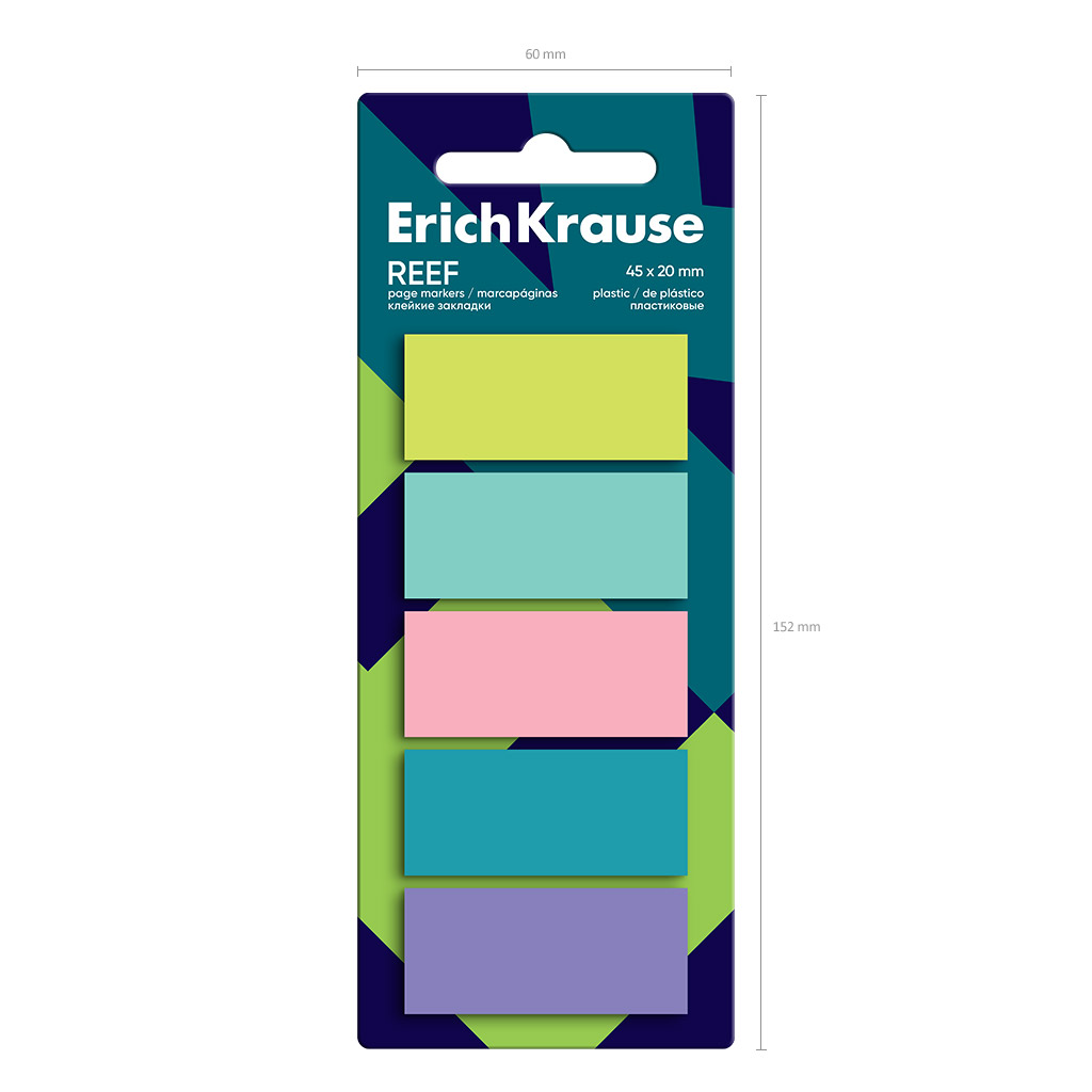 Клейкие закладки пластиковые ErichKrause Reef, 45x20 мм, 100 листов, 5 цветов