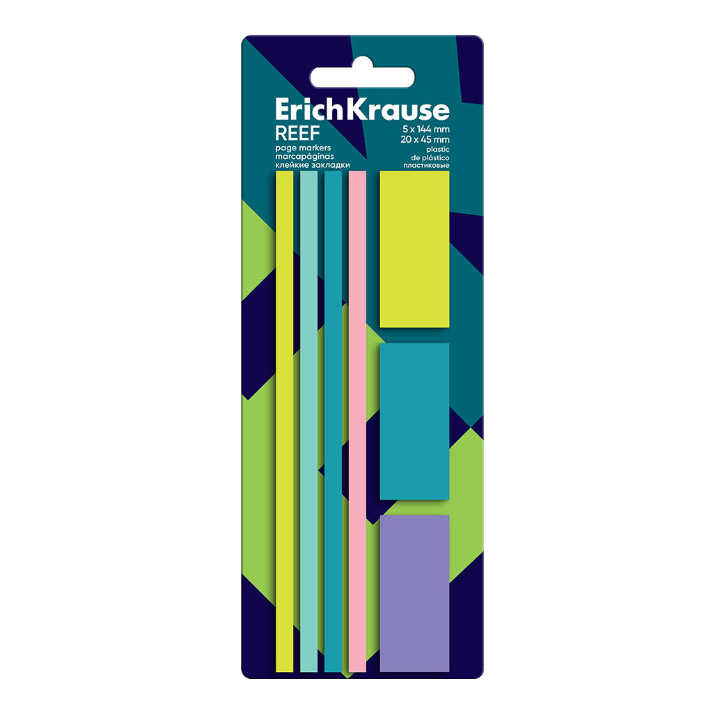 Клейкие закладки пластиковые ErichKrause Риф, 5х144 мм, 20х45 мм, 140 листов, 5 цветов