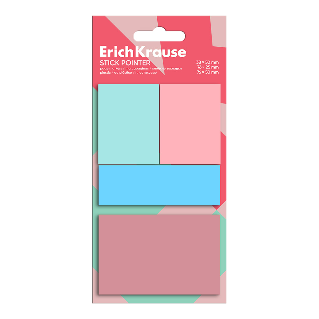 Клейкие закладки пластиковые ErichKrause 38x50 мм, 76x25 мм, 76x50 мм, 80 листов, 4 цвета