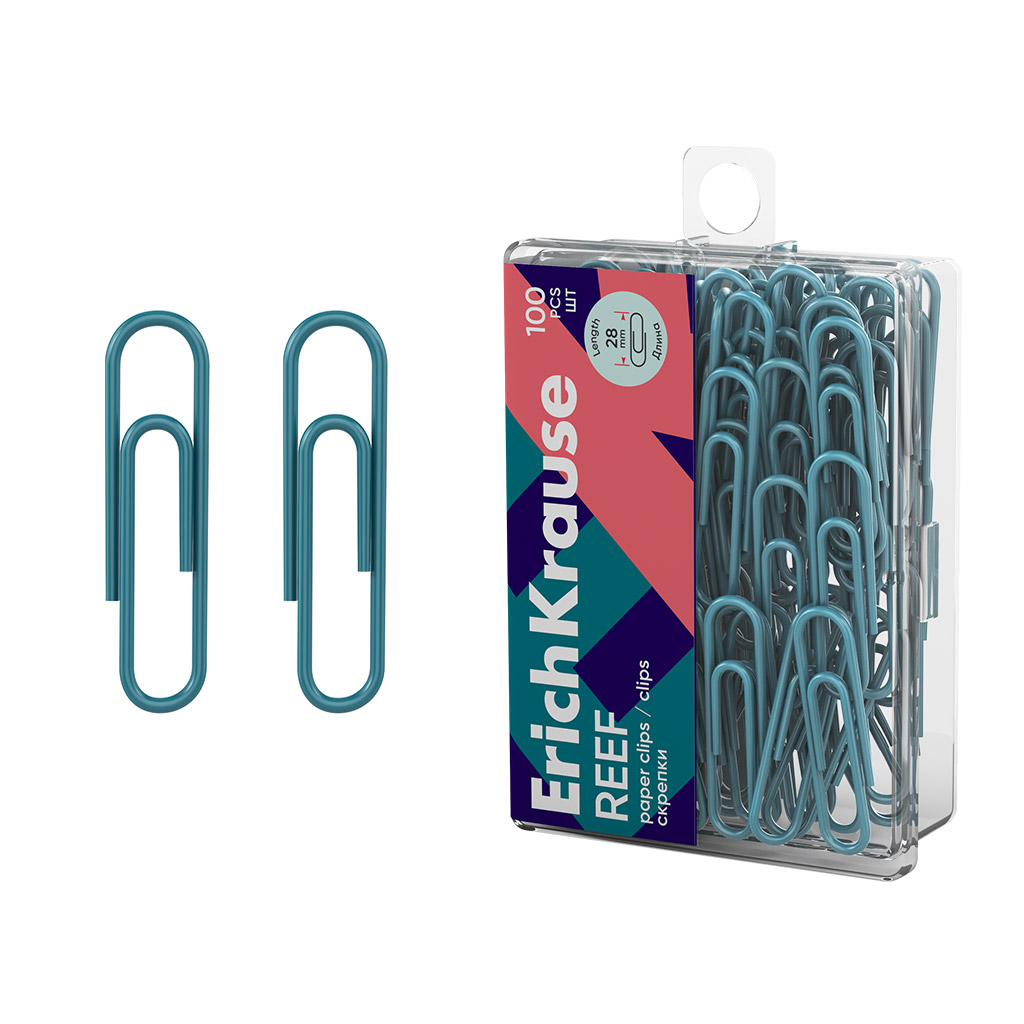 Скрепки металлические с виниловым покрытием ErichKrause Reef, 28мм, бирюзовый (в пластиковой коробке по 100 шт.)