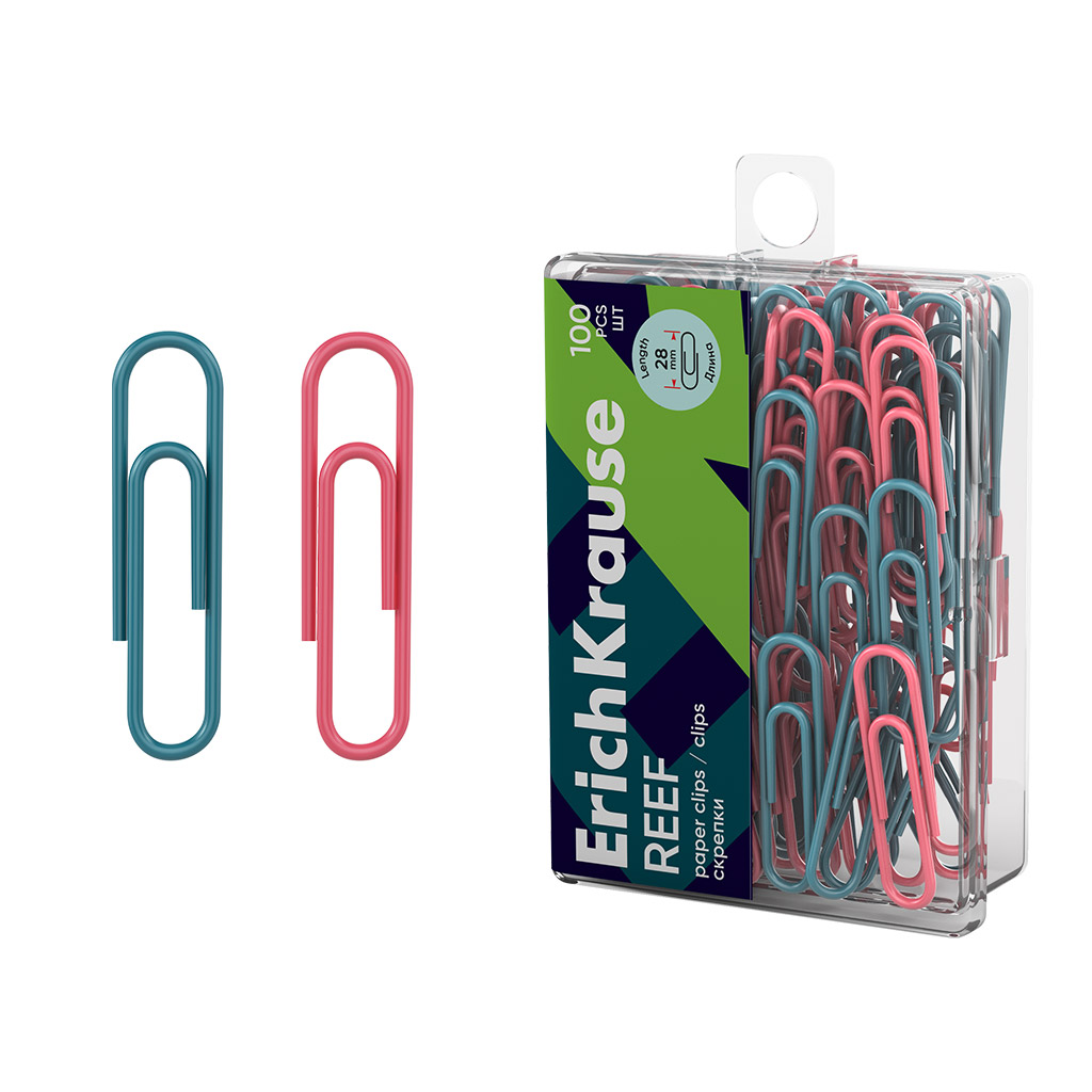 Скрепки металлические с виниловым покрытием ErichKrause Reef, 28мм, ассорти (в пластиковой коробке по 100 шт.)