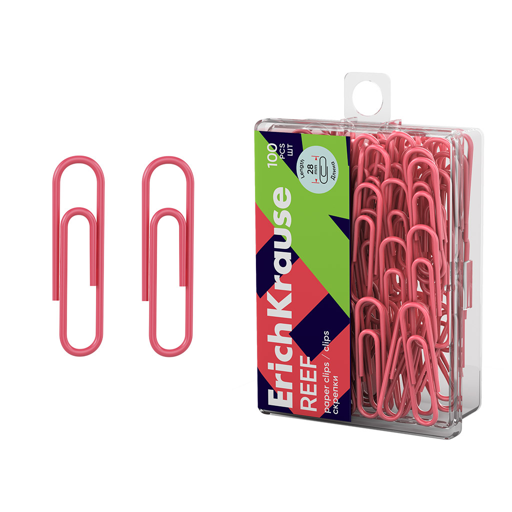 Скрепки металлические с виниловым покрытием ErichKrause Reef, 28мм, коралловый (в пластиковой коробке по 100 шт.)